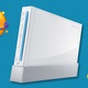 A white Nintendo Wii console on a blue background with happy emoji icons near it.